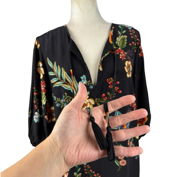 JOHNNY WAS Zorya Printed Floral Silk Mini Dress Black Puff Sleeve Size Medium - Picture 4 of 16